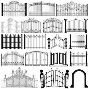 Pode incluir: Uma coleção de portões e cercas de ferro forjado preto em vários designs. A imagem mostra uma variedade de estilos, incluindo volutas ornamentadas, barras verticais simples e topos arqueados. Os portões são retratados em um estilo gráfico plano.