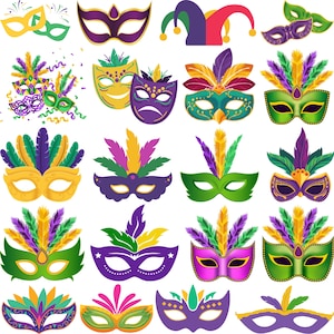May include: A collection of colorful Mardi Gras masks in various designs. The masks feature vibrant colors like green, gold, purple, and pink, with decorative feathers and embellishments. Some masks have a smiling face, while others have a more serious expression.