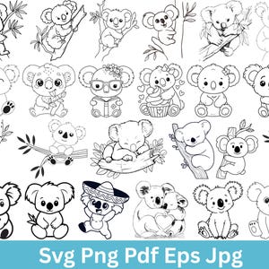Peut inclure: Une collection d'illustrations de koalas en noir et blanc dans diverses poses. Certains koalas sont assis, grimpent ou tiennent des objets. L'image comprend le texte "Svg Png Pdf Eps Jpg" en bas dans une bannière turquoise.
