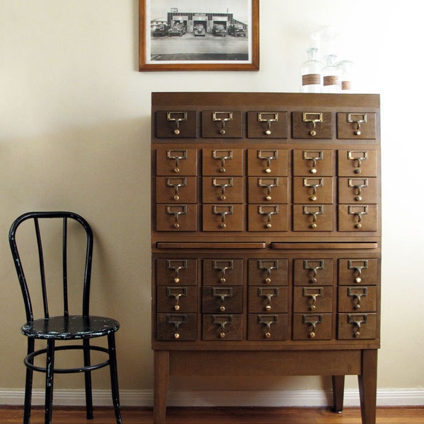 Vintage Card Catalog : 35 Drawer Wood Cabinet