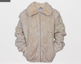 Chaqueta bomber de piel de cordero persa blanca de lujo / Abrigo de piel de astracán auténtica / Chaqueta de invierno con cuello de visón / Chaqueta de piel de lujo unisex