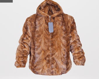 Men’s Brown Mink Fur Bomber Jacket with Hood | 100% Real Mink Fur Winter Coat | Luxury Genuine Fur Jacket | Handmade Custom Sizes