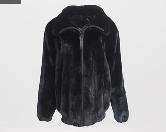 Men’s Black Mink Fur Bomber Jacket | 100% Real Luxury Mink Coat | Genuine Fur Short Winter Jacket | Handmade Custom Sizes