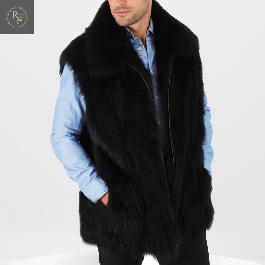 メンズ ブラックフォックスファーベスト | 高級本毛皮ジレ | 暖かい冬