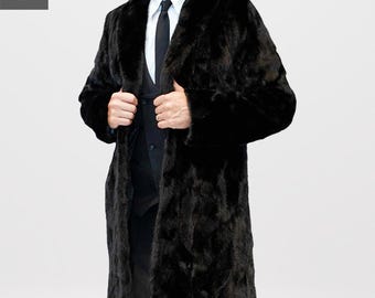 Men’s Ranch Mink Fur Stroller | Luxury Genuine Fur Coat with Shawl Collar | Classic Warm Winter Outerwear for Men | Real Mink Fur Overcoat