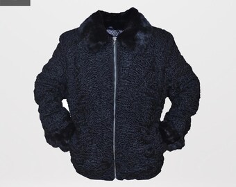 Chaqueta de piel de cordero persa negra con cuello y puños de visón auténtico / Chaqueta bomber de lujo de piel de cordero esquilada / Abrigo unisex de invierno / Regalo para él