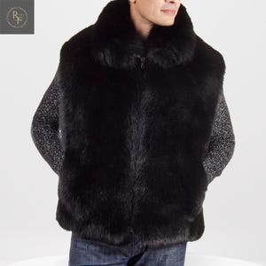 フォックスファー ブラック ノースリーブベスト メンズ ブラックフォックスファーベスト | 高級本毛皮ジレ | 暖かい冬