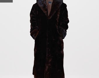 Mouton Pelz Langer Mantel mit Nerzkragen & Manschetten | Echter geschorener Pelz-Frauen-Wintermantel | Luxus Handgefertigte Echtpelz Jacke | Geschenk für sie
