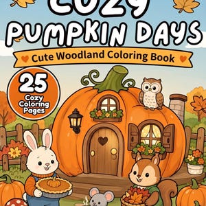 Cozy Pumpkin Days Coloring Book Printable PDF | Fall Woodland Animals Coloring Pages Adults Teens | Cute Autumn Bold Easy Instant Download