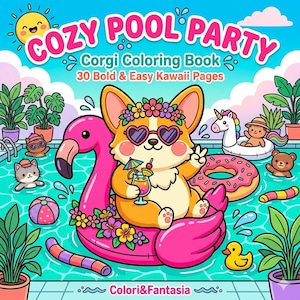 May include: A colorful illustration of a corgi dog wearing sunglasses and a flower crown, relaxing on a pink flamingo float in a pool. The image is titled "COZY POOL PARTY" and is a "Corgi Coloring Book" with "30 Bold & Easy Kawaii Pages."