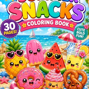 Summer Snacks Coloring Book Printable PDF | 30 Cute Kawaii Food Coloring Pages | Bold Easy Coloring Book for Kids Ages 4-8 | Summer Activity
