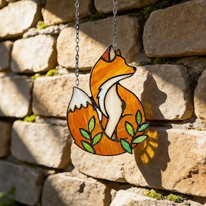 Fox Stained Glass Pendant | Curled Fox Nature Light-Catcher,fox gift,fox home decor,house home decor,whimsical decor,woodland gift