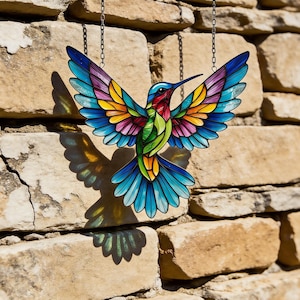Puede incluir: Un atrapasoles de colibrí colorido con las alas extendidas, colgado de una cadena. El ave presenta tonos vibrantes de azul, verde, amarillo, rosa y morado. El atrapasoles se exhibe contra una pared de piedra texturizada, proyectando una sombra detallada.