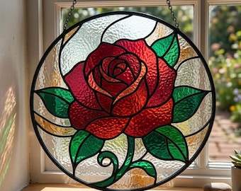 Red Rose Stained Glass Suncatcher, Romantic Floral Decor, Flower Lover Gift