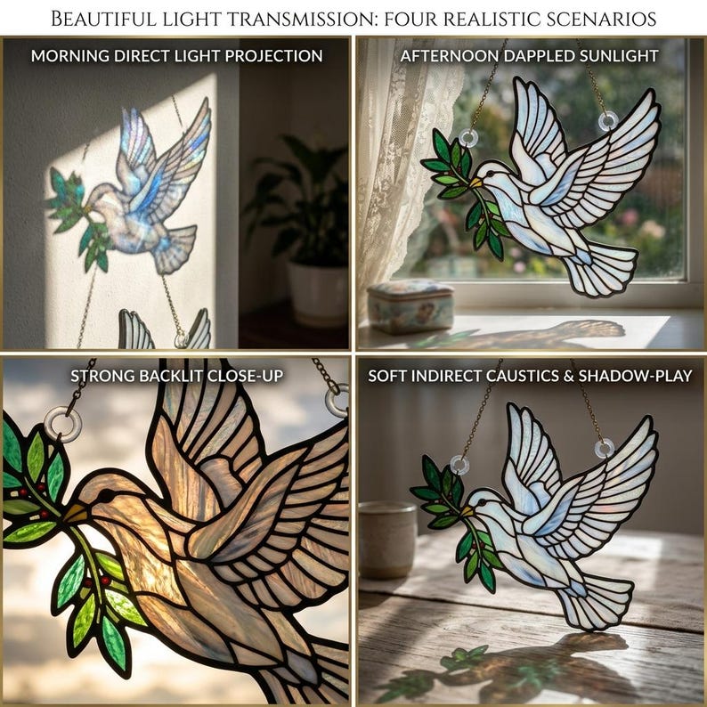 Puede incluir: Paloma de vidriera con rama de olivo, mostrada en cuatro escenarios de iluminaci&oacute;n. La paloma es blanca y azul con contornos negros. El texto dice "BEAUTIFUL LIGHT TRANSMISSION: FOUR REALISTIC SCENARIOS".