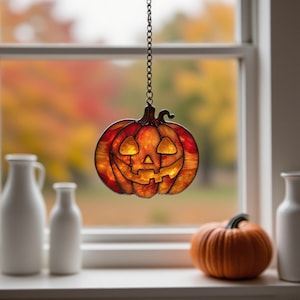 Halloween Stained Glass Pumpkin Lantern – Handmade Spooky Window & Wall Hanging,Gothic Halloween Home Decor,Halloween Gift,Spooky Season