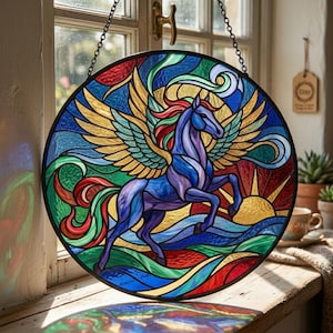 ペガサスのステンドグラスサンキャッチャー、神話上の生き物の装飾、馬好きへのギフト