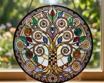 Levensboom Gustav Klimt-stijl rond glas-in-lood suncatcher, art nouveau-cadeau