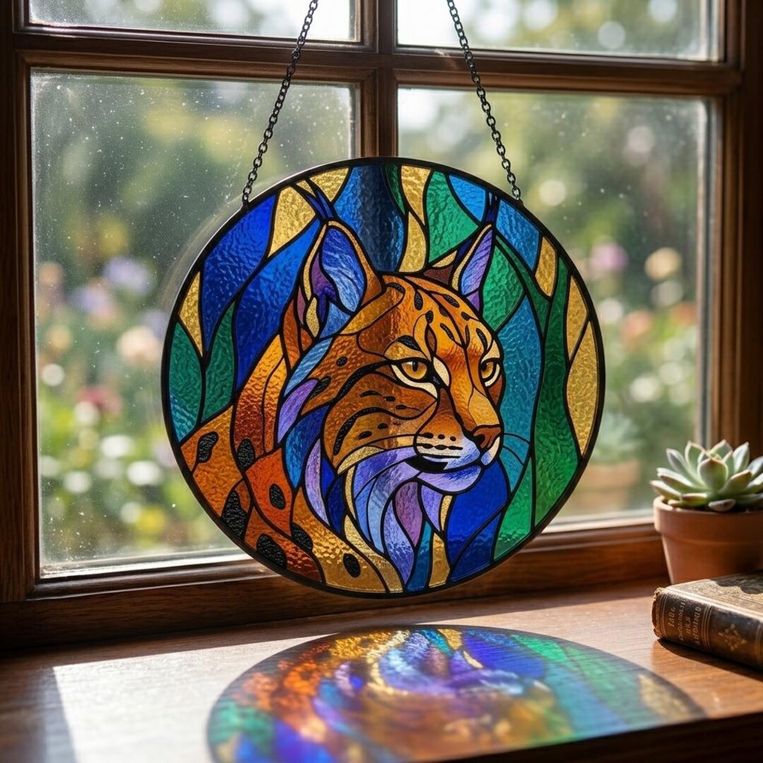 Rustic Bobcat Lynx Bobcat Stained Glass Suncatcher, Rustic Cabin Decor, Wildlife ...