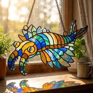 May include: A vibrant stained glass artwork of a sea creature, suspended by a chain. The design incorporates blue, green, orange, and yellow hues. The piece is positioned in front of a window, with sunlight shining through the colorful glass.