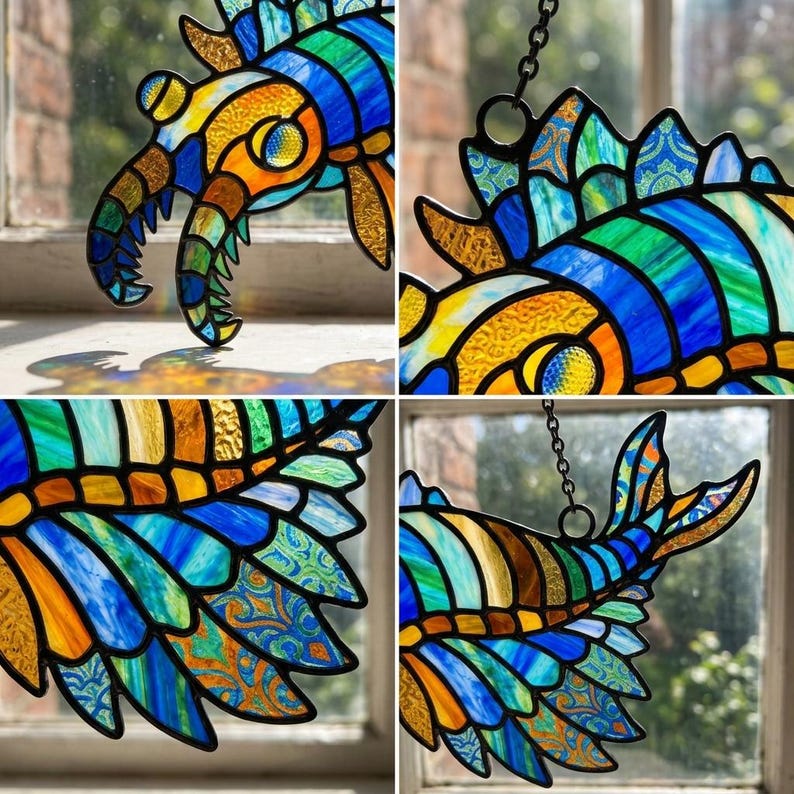 May include: A stained glass artwork showing a vibrant, stylised sea creature. The piece uses blue, green, orange, and yellow glass, outlined in black. It's designed to hang, with a chain attached for display.
