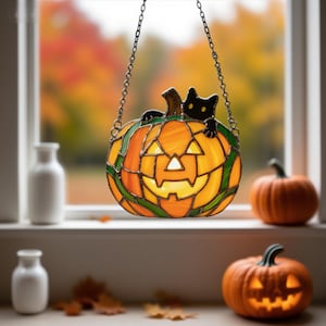 Halloween Stained Glass Jack-O’-Lantern with Black Cat Ornament – Spooky Window & Wall Décor,Ghost Black Cat Window Hanging,Halloween Gift