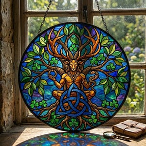 Cernunnos keltiskt livsträd i målat glas, solfångare, hednisk dekor, häxgåva