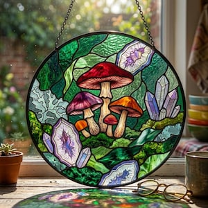 May include: A circular stained glass window with a mushroom and crystal design. The mushrooms have red, purple, and orange caps. The background is green with purple and white accents. The window hangs from a chain.