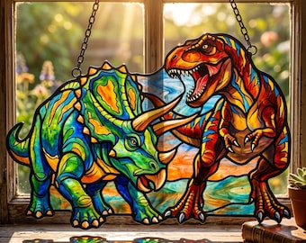 T-Rex vs Triceratops Shaped Stained Glass Suncatcher, Dinosaur Gift