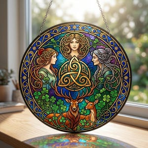 May include: A circular stained glass suncatcher featuring three female figures representing youth, adulthood, and old age, arranged around a central gold triquetra knot. Below them, a stag and a doe stand amidst green clover leaves and vines.