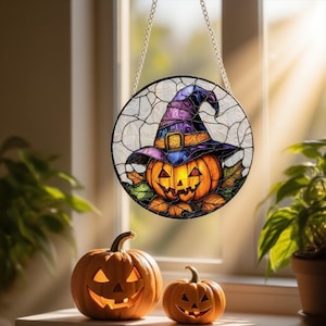 Pumpkin Wizard Stained Glass Hanging Decoration  | Halloween Sun Catcher | Autumn Window Decor  | Spooky  Magical Gift Idea