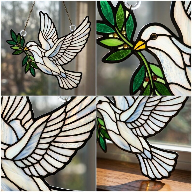 Puede incluir: Vidriera de una paloma con las alas extendidas, sosteniendo una rama de olivo. La paloma es blanca con detalles azules y transparentes, y la rama de olivo tiene hojas verdes. Dise&ntilde;ada para colgar, adecuada para la decoraci&oacute;n del hogar.