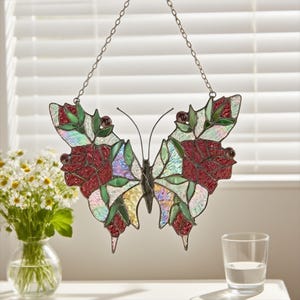 Rose Butterfly Stained Glass Hanging Decoration | Romantic Window & Wall Ornament,Mothers Day gift Wedding hangings decor