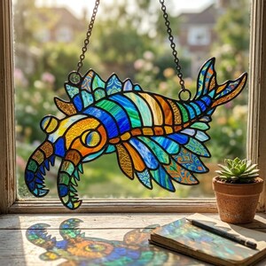May include: A vibrant stained glass panel in the shape of a sea creature, with a chain for hanging. The design incorporates blue, green, orange, and yellow hues. It's set against a window, with a small plant in a terracotta pot and a notebook visible on the windowsill.