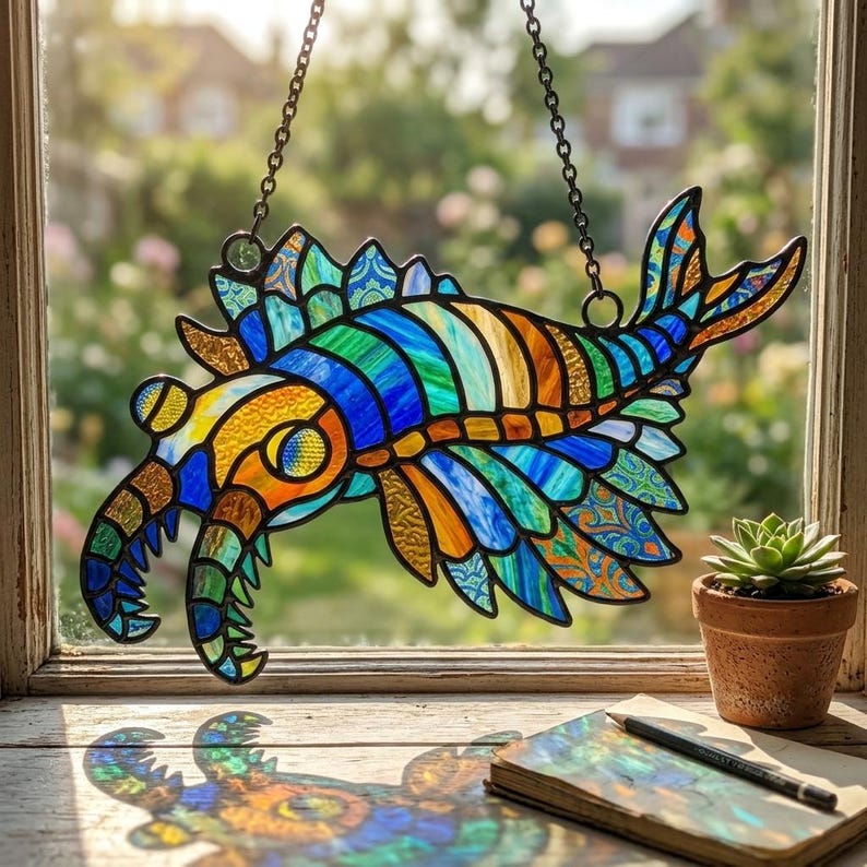 May include: A vibrant stained glass panel in the shape of a sea creature, with a chain for hanging. The design incorporates blue, green, orange, and yellow hues. It's set against a window, with a small plant in a terracotta pot and a notebook visible on the windowsill.