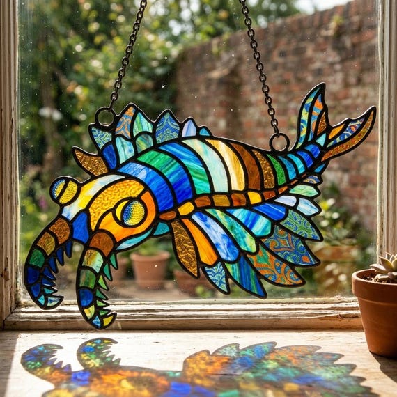 Colorful Anomalocaris Irregular Stained Glass Suncatcher, Prehistoric Fossil Gift