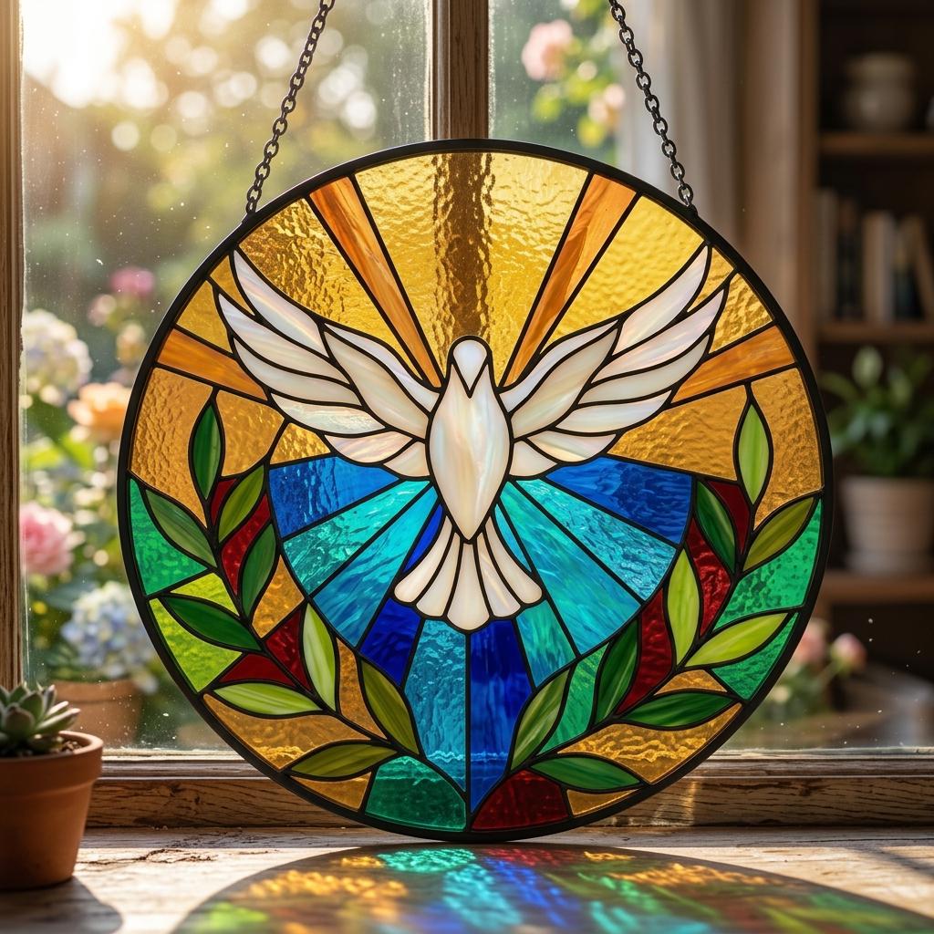 Holy Spirit Dove With Olive Branch Round Stained Glass Suncatcher ...