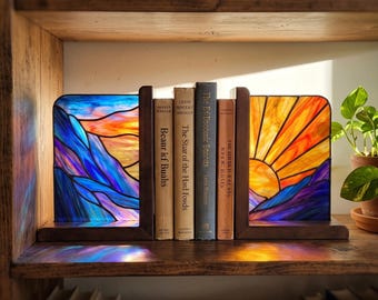 Sunrise Mountain Stained Glass Bookends, Nature Decor Walnut Wood Book Holder Gift