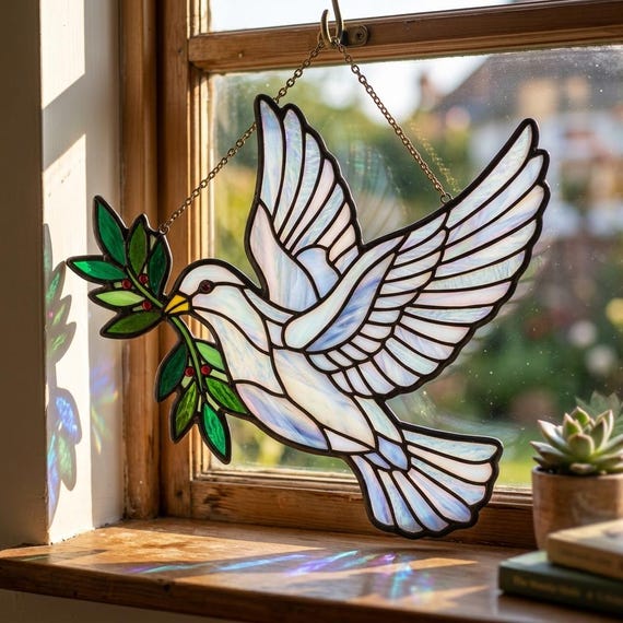 Peace Dove Stained Glass Suncatcher, Olive Branch Decor, Spiritual Gift