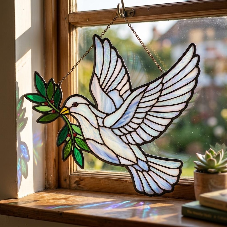 Puede incluir: Vidriera de una paloma con las alas extendidas, sosteniendo una rama de olivo con bayas rojas. El p&aacute;jaro de cristal blanco y azul cuelga de una cadena dorada frente a una ventana. La paloma es un s&iacute;mbolo de paz.