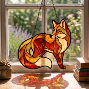 May include: A stained glass suncatcher shaped like a fox, featuring vibrant orange, red, yellow, and cream glass segments outlined in black metal. The fox is suspended by a thin metal chain, casting a colourful shadow on the wooden surface below.