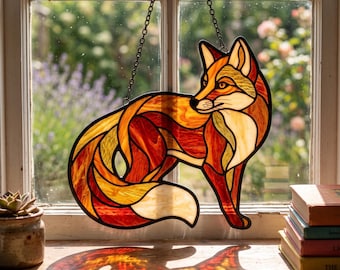Red Fox-vormig glas-in-loodraam, bosbos cadeau