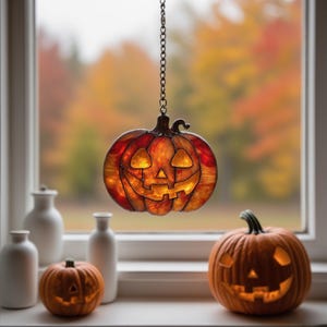Halloween Stained Glass Pumpkin Lantern Ornament–Handmade Hanging Window Decoration,Gothic Halloween Home Decor,Halloween Gift,Spooky Season