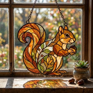 Squirrel Stained Glass Suncatcher, Fall Warm Decor, Animal Lover Gift