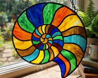 Rainbow Ammonite Shaped Stained Glass Suncatcher, Fossil Ocean Gift