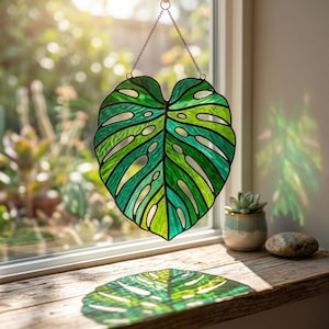 Monstera Leaf Stained Glass Suncatcher, Nordic Green Plant Decor, Plant Lover Gift