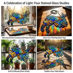 May include: Four stained glass studies featuring a colourful sea creature design. The image includes the text "A Celebration of Light: Four Stained Glass Studies". Each study demonstrates the glass's light-refracting qualities in various settings, such as a window, desk, plant shelf, and patio.
