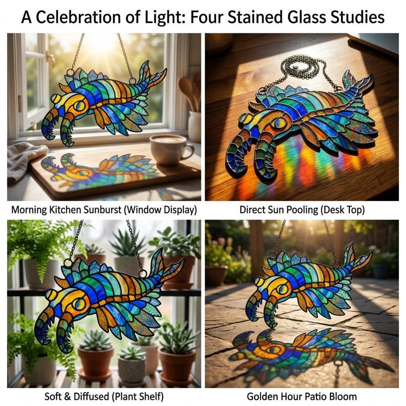 May include: Four stained glass studies featuring a colourful sea creature design. The image includes the text "A Celebration of Light: Four Stained Glass Studies". Each study demonstrates the glass's light-refracting qualities in various settings, such as a window, desk, plant shelf, and patio.