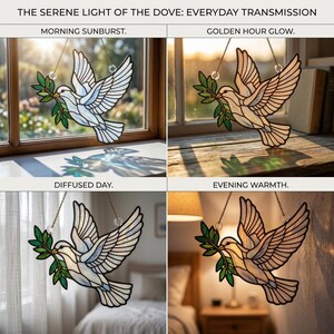 Puede incluir: Vidriera de una paloma con una rama de olivo, colgada de una cadena. La paloma es blanca, azul y transparente, con hojas verdes. El texto dice: "THE SERENE LIGHT OF THE DOVE: EVERYDAY TRANSMISSION".