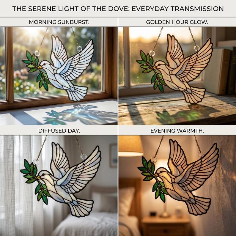 Puede incluir: Vidriera de una paloma con una rama de olivo, colgada de una cadena. La paloma es blanca, azul y transparente, con hojas verdes. El texto dice: "THE SERENE LIGHT OF THE DOVE: EVERYDAY TRANSMISSION".